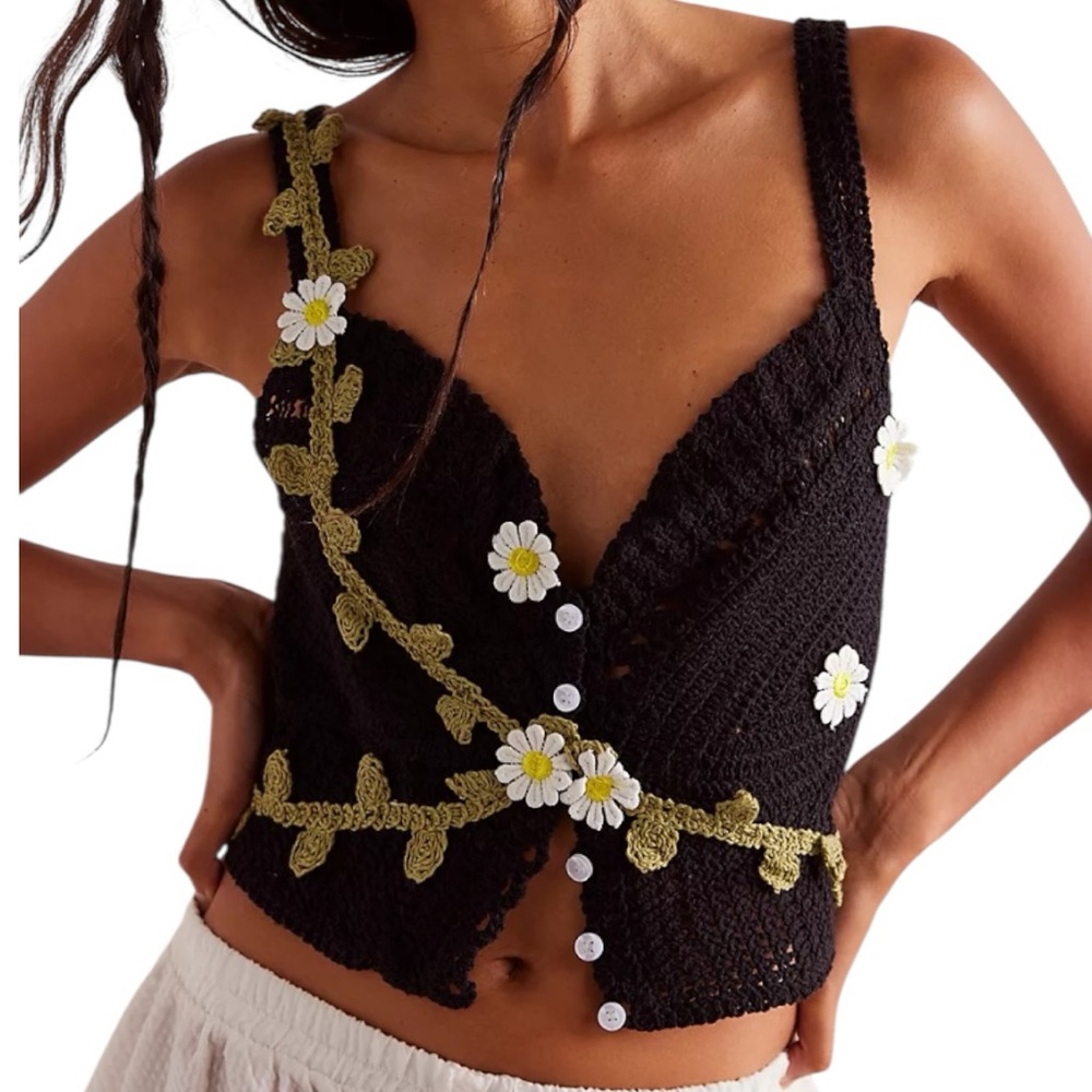 Free People Black Crochet Daisy Trim Crop Top